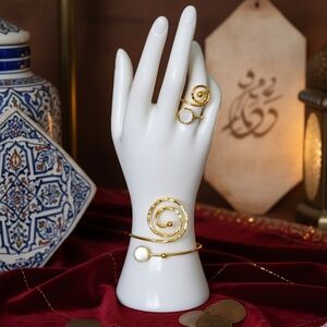 Turkish Artisanal 18K Gold Plated Spiral Ring Bracelet Set Boho Chic Luxe